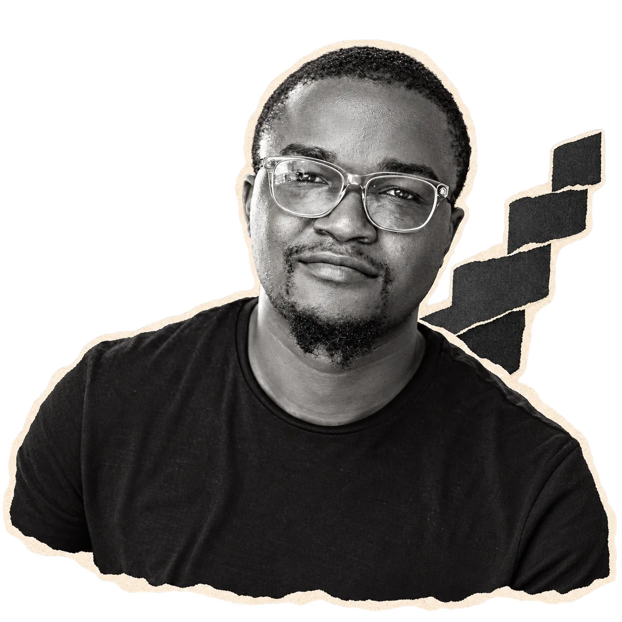Paper-cut portrait of Ademola with ascending growth steps
