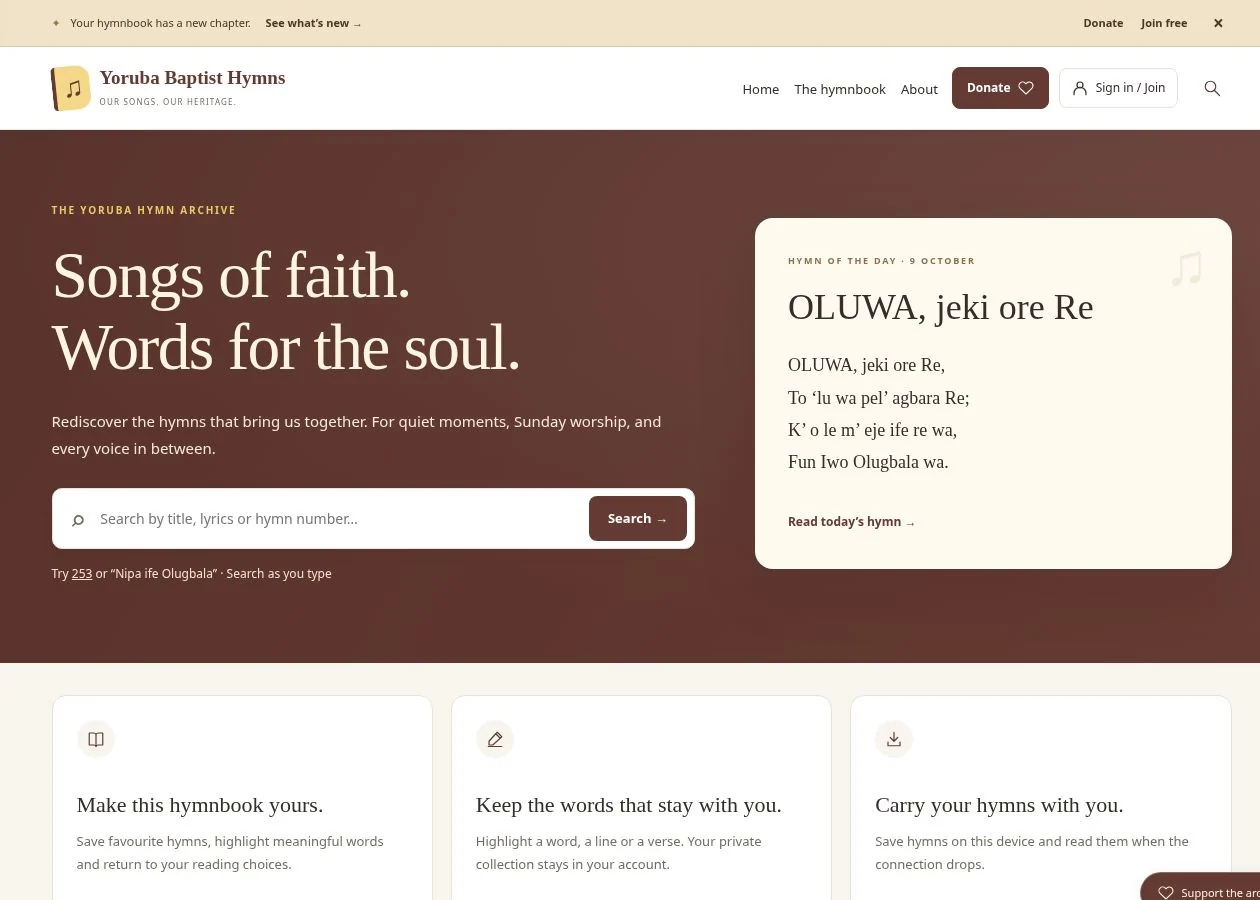 Screenshot of the Yoruba Baptist Hymns personal hymnbook